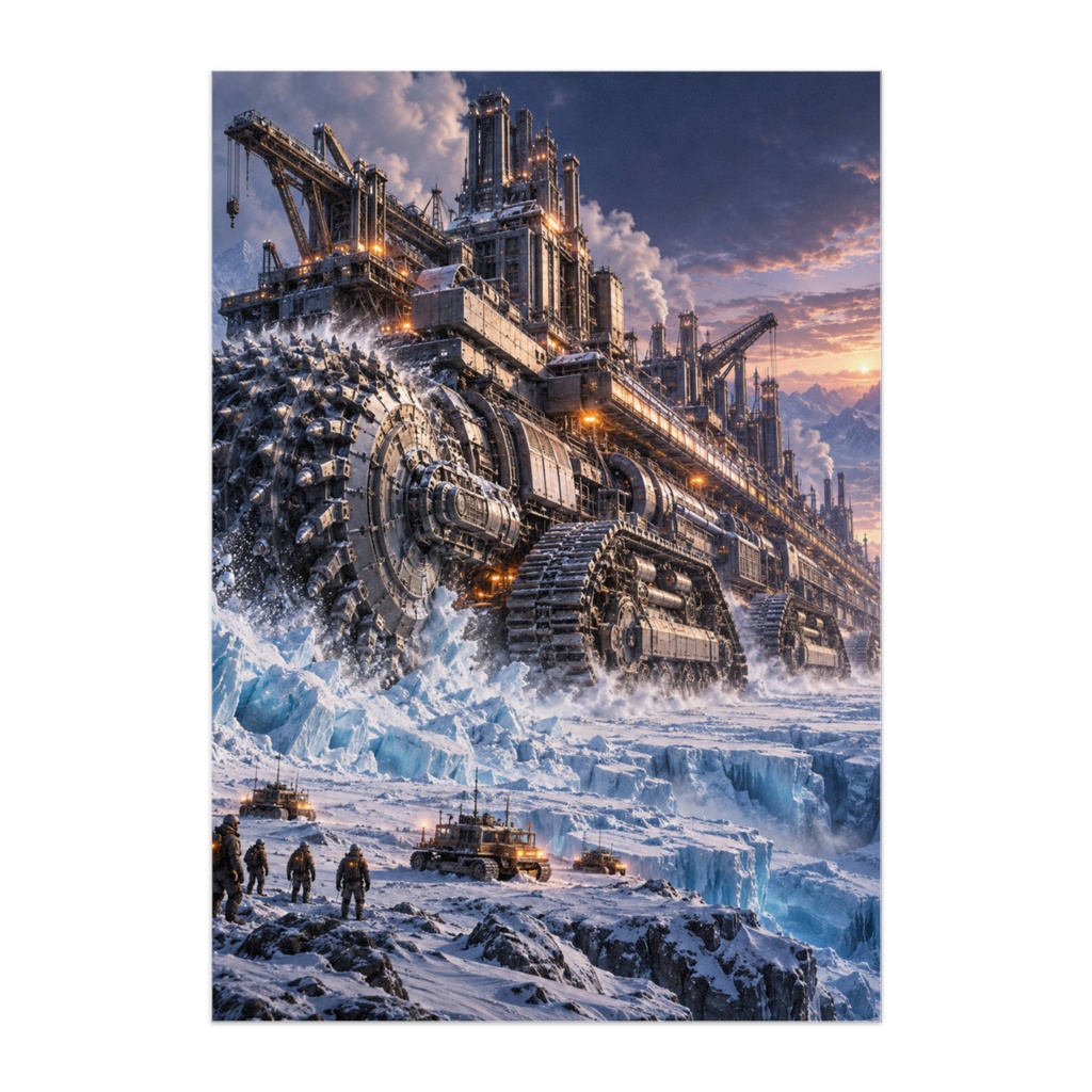 GLACIER COLOSSUS — 氷原を征く鋼鉄の移動都市｜超巨大掘削機・SFメカアートポスター