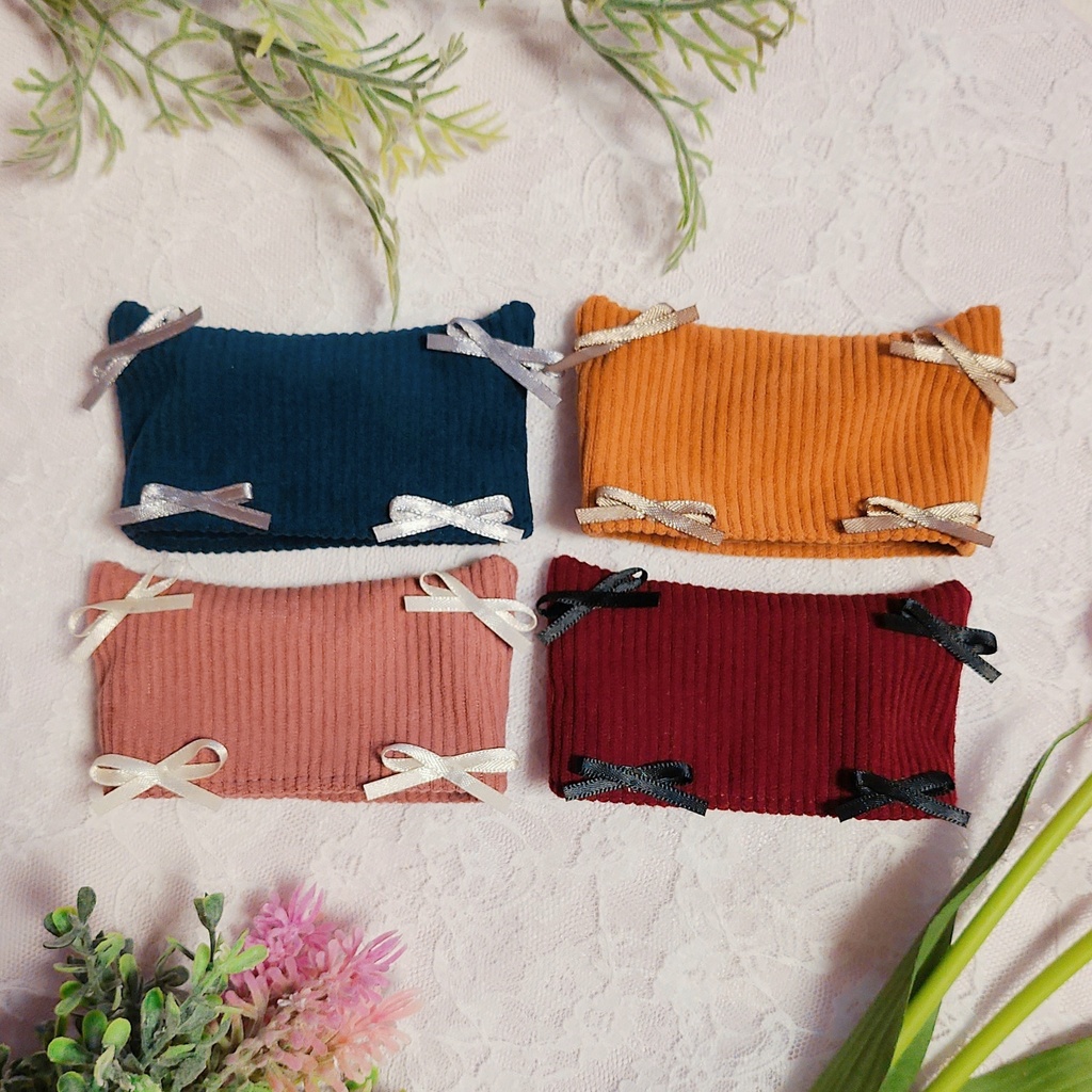 コーデュロイ猫耳リボン帽子