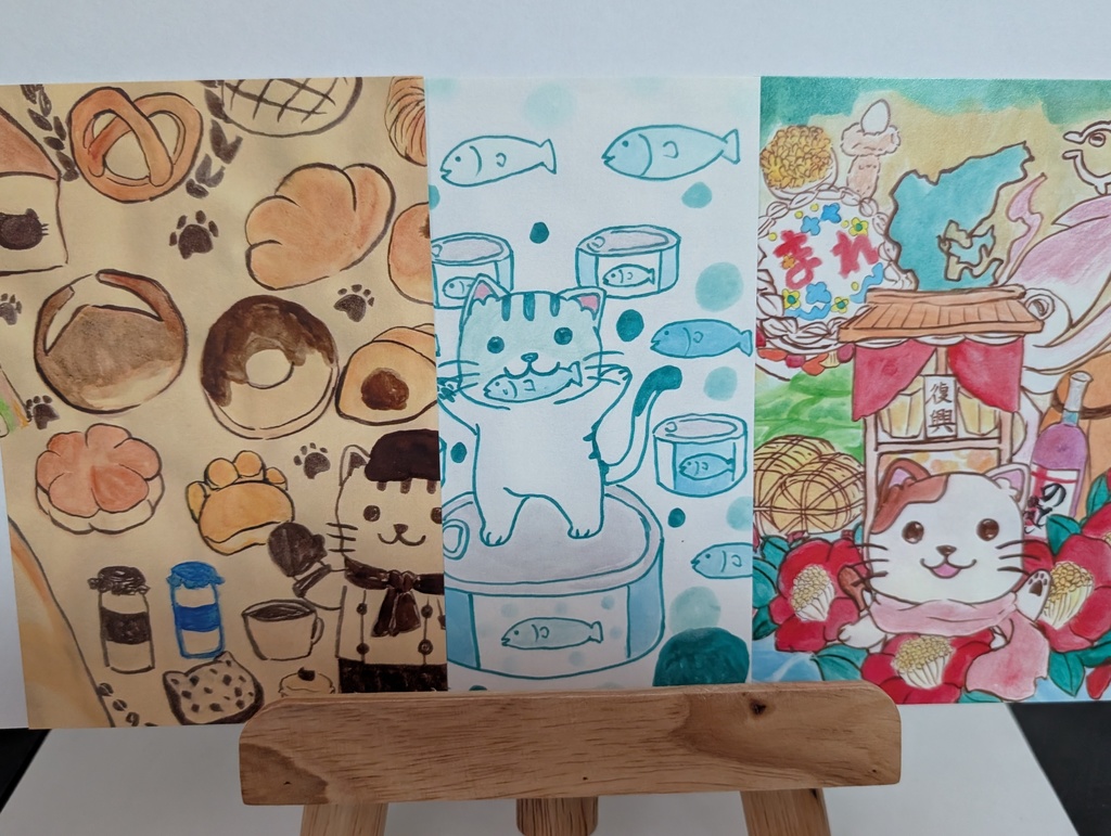 パン屋、TUNAねこ、のとねこ3種類のポストカード