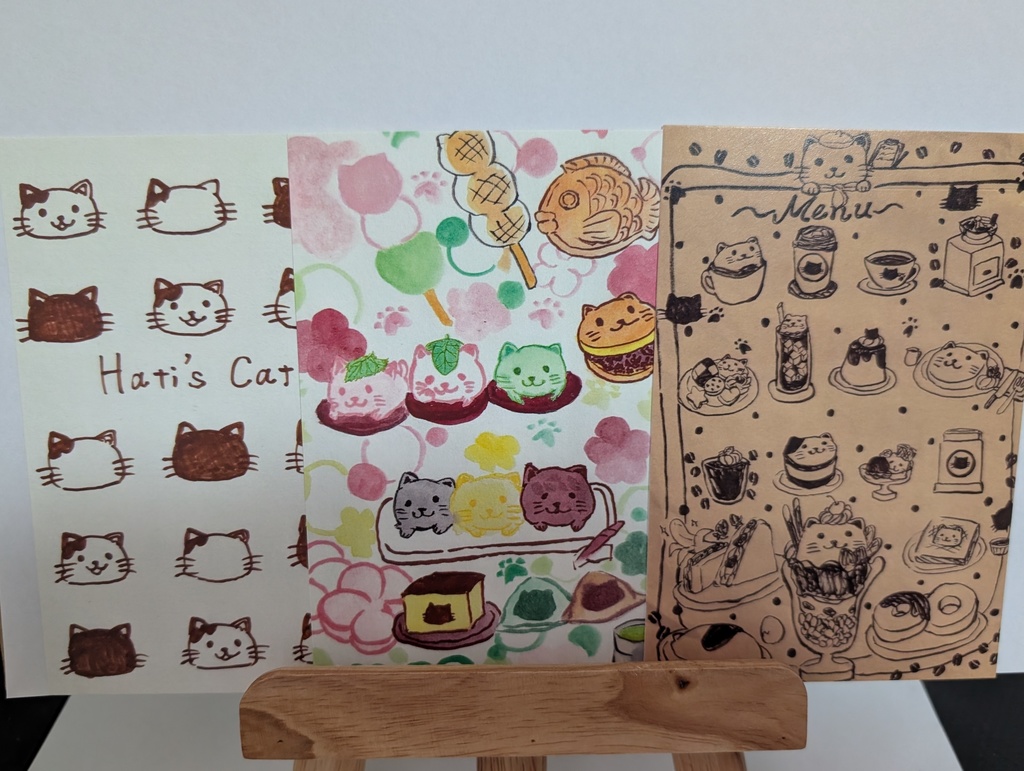 シンプル、和菓子、カフェの3種類のポストカード