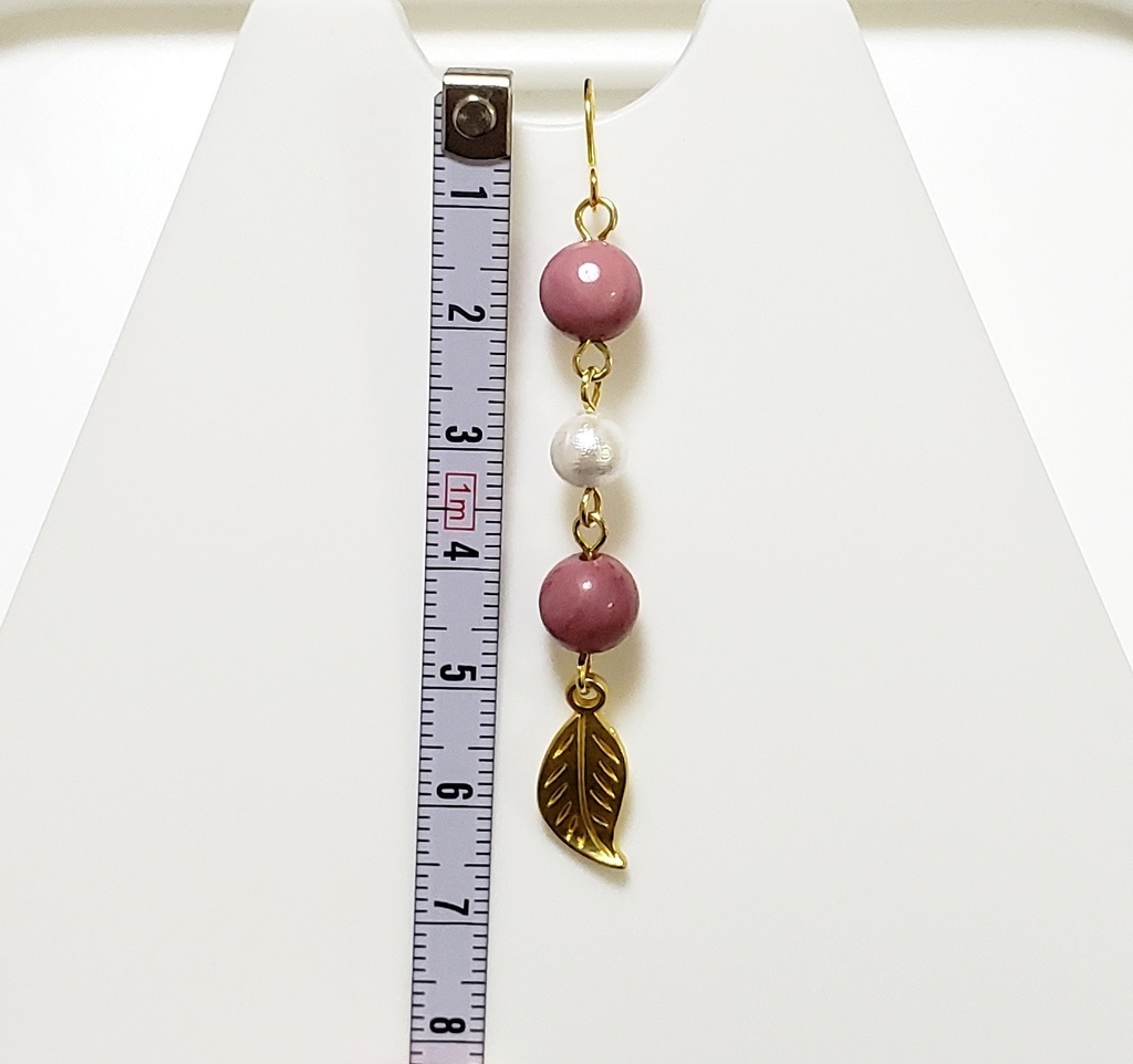 K16GP天然石ピーモンタイトとゴールドリーフのピアス