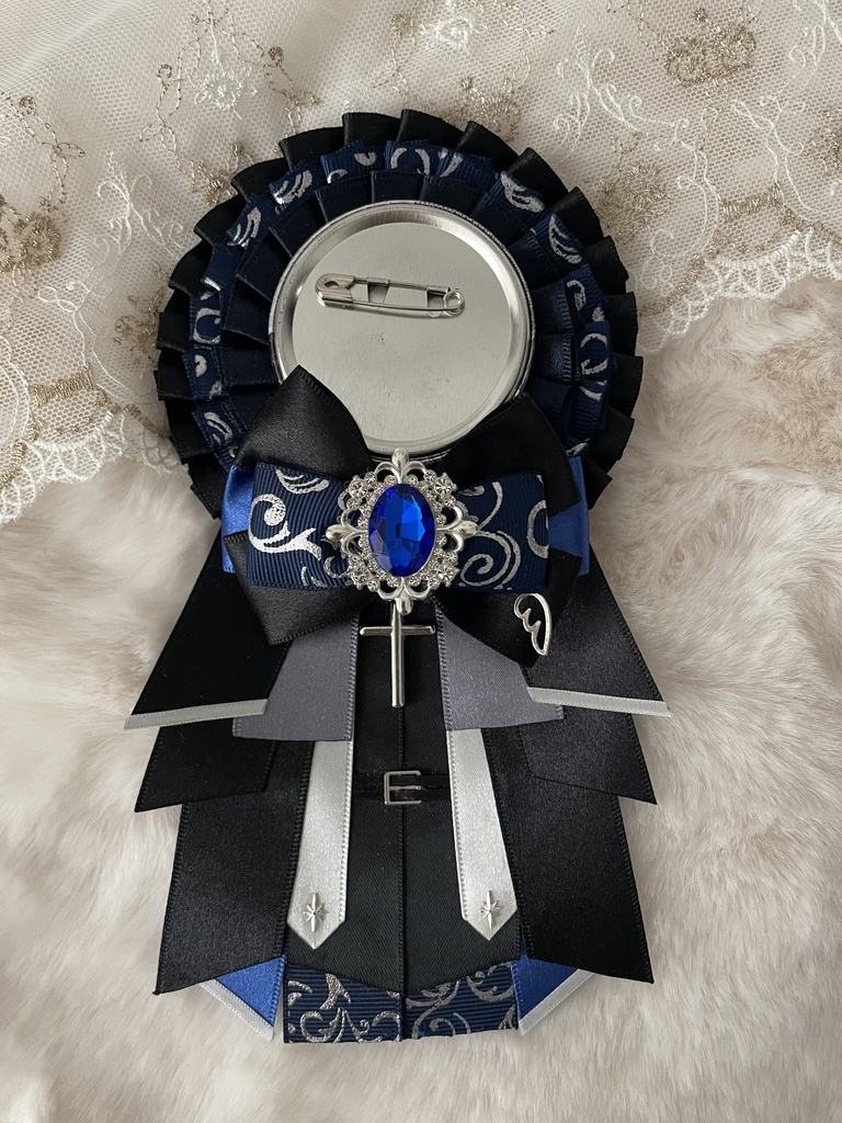 リボンロゼット ネイビー×シルバー×十字架