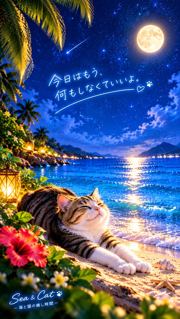 Sea & Cat — 月夜の海 × 猫 × 星空 —