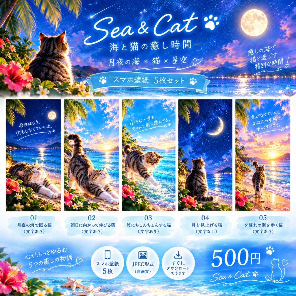 Sea & Cat — 月夜の海 × 猫 × 星空 —