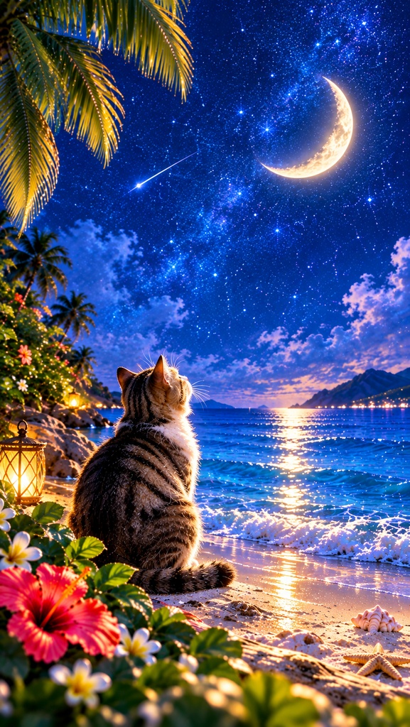 Sea & Cat — 月夜の海 × 猫 × 星空 —