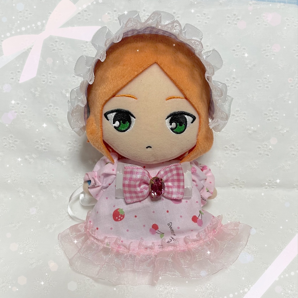 ぬい服16cm*♡透明感パウダーピンクドレス・フラワーレースヘッド