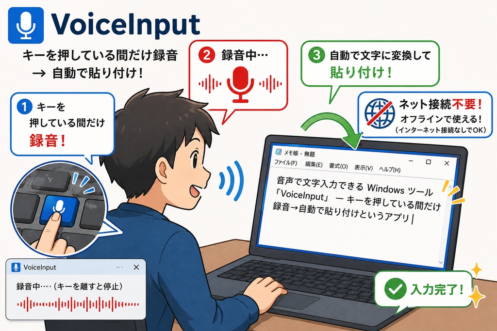 音声で文字入力できるWindowsツール「VoiceInput」― キーを押している間だけ録音→自動で貼り付け