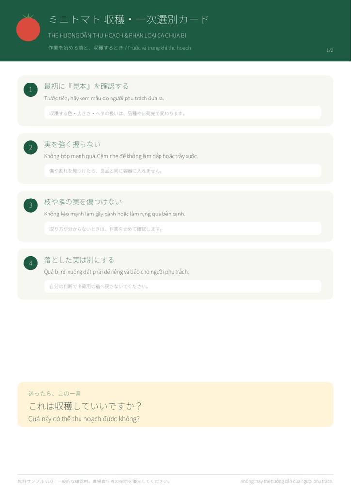 【無料・農場掲示PDF】外国人スタッフ向け ミニトマト収穫・選別カード|やさしい日本語+ベトナム語
