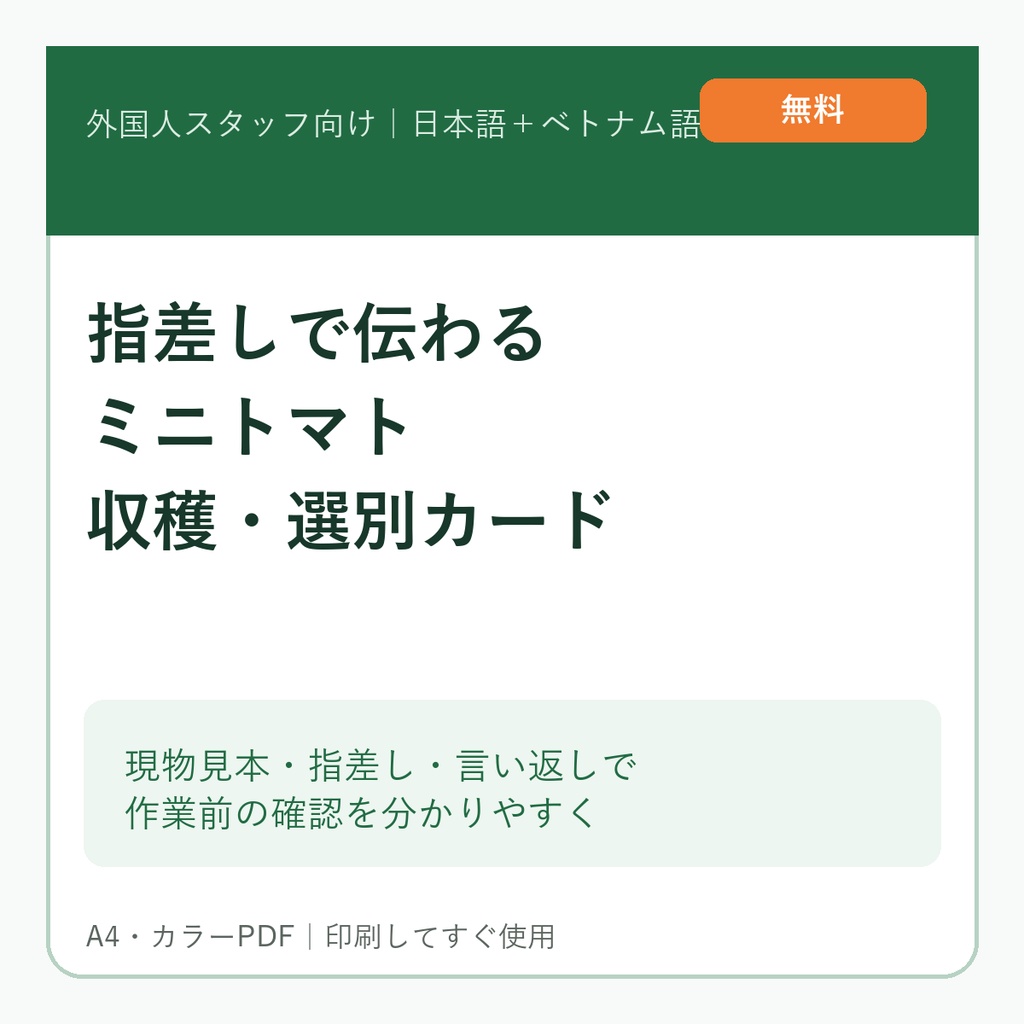 【無料・農場掲示PDF】外国人スタッフ向け ミニトマト収穫・選別カード｜やさしい日本語＋ベトナム語