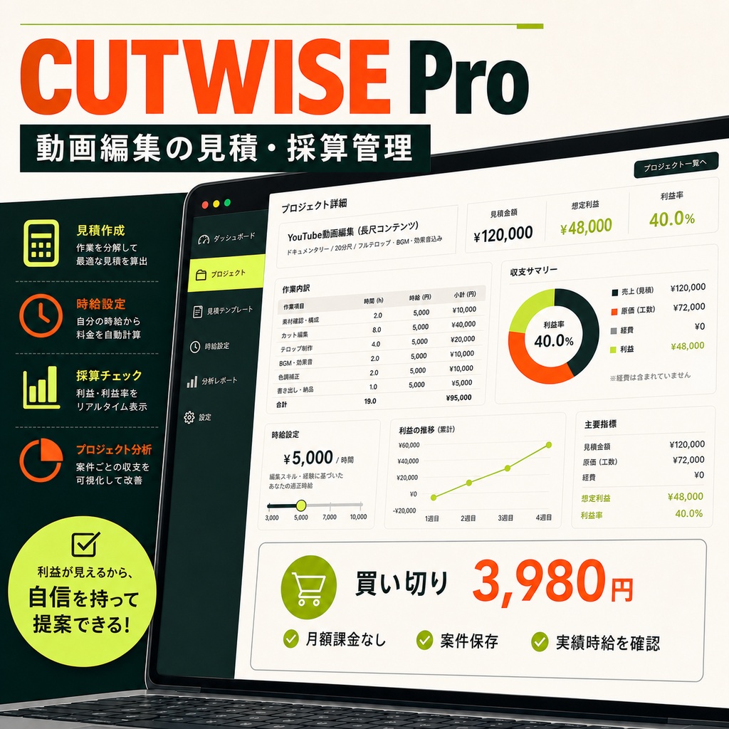 動画編集者の見積・採算管理アプリ CUTWISE Pro｜3プラン提案・実績時給・案件保存