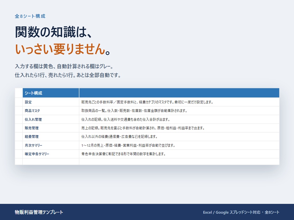 【在庫・確定申告まで自動】物販利益管理Excel|メルカリ・Amazon・BASE対応