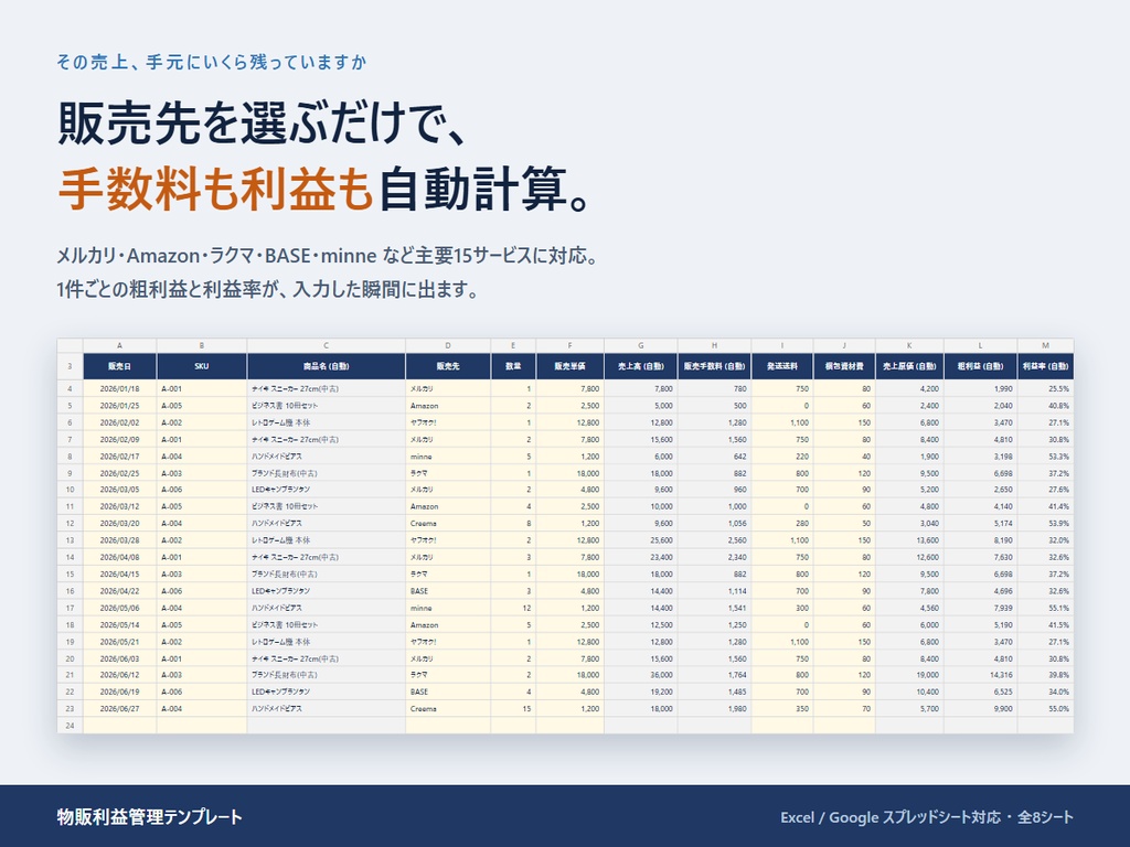 【在庫・確定申告まで自動】物販利益管理Excel|メルカリ・Amazon・BASE対応