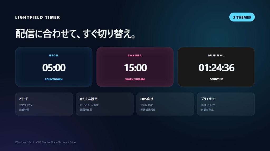 【無料】OBS配信タイマー|カウントダウン・経過時間|3テーマ・オフライン