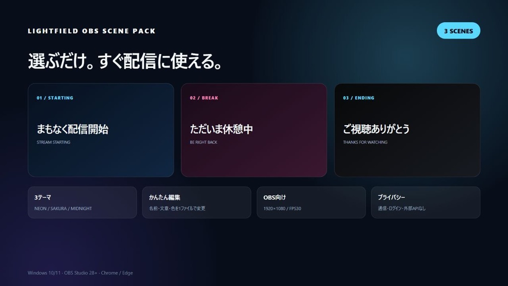 【無料】OBS配信画面セット|開始・休憩・終了|3テーマ・文字変更OK