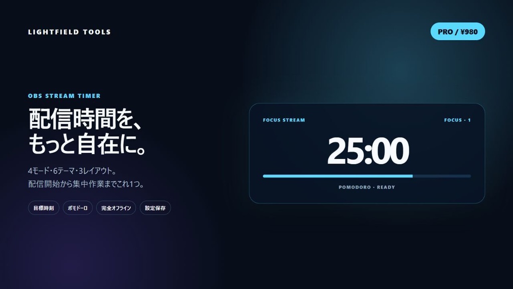 OBS配信タイマー Pro|目標時刻・ポモドーロ・6テーマ・完全オフライン