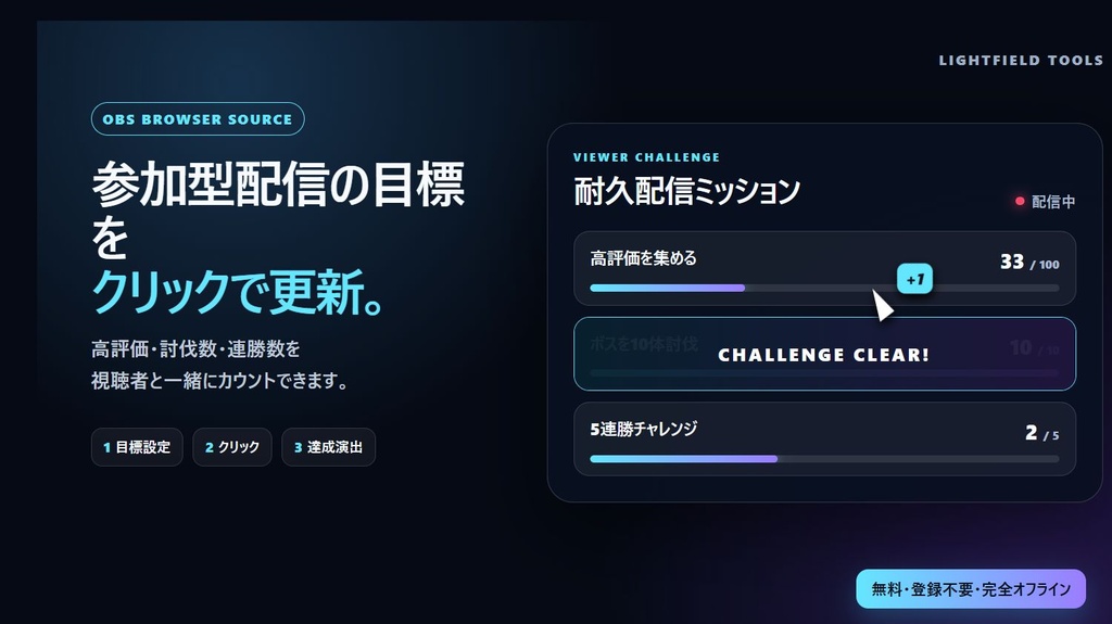 【無料】OBSチャレンジボード Lite|耐久・討伐・参加型配信の目標表示
