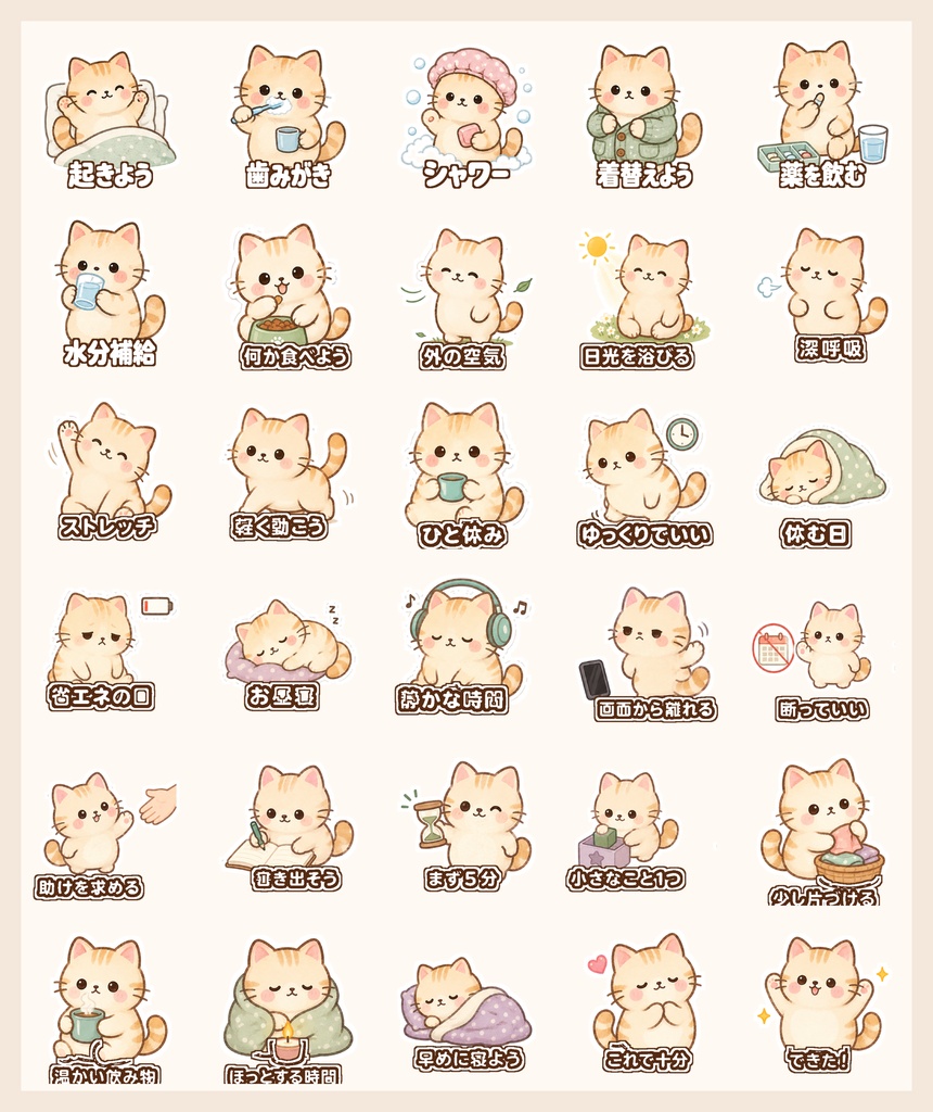 猫のセルフケアイラスト素材60枚｜日本語入り・文字なし｜背景透過PNG