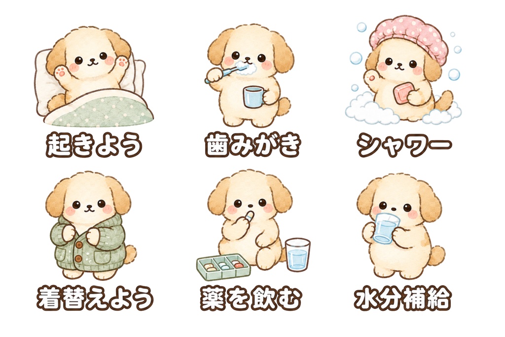 犬のセルフケアイラスト素材60枚|日本語入り・文字なし|背景透過PNG