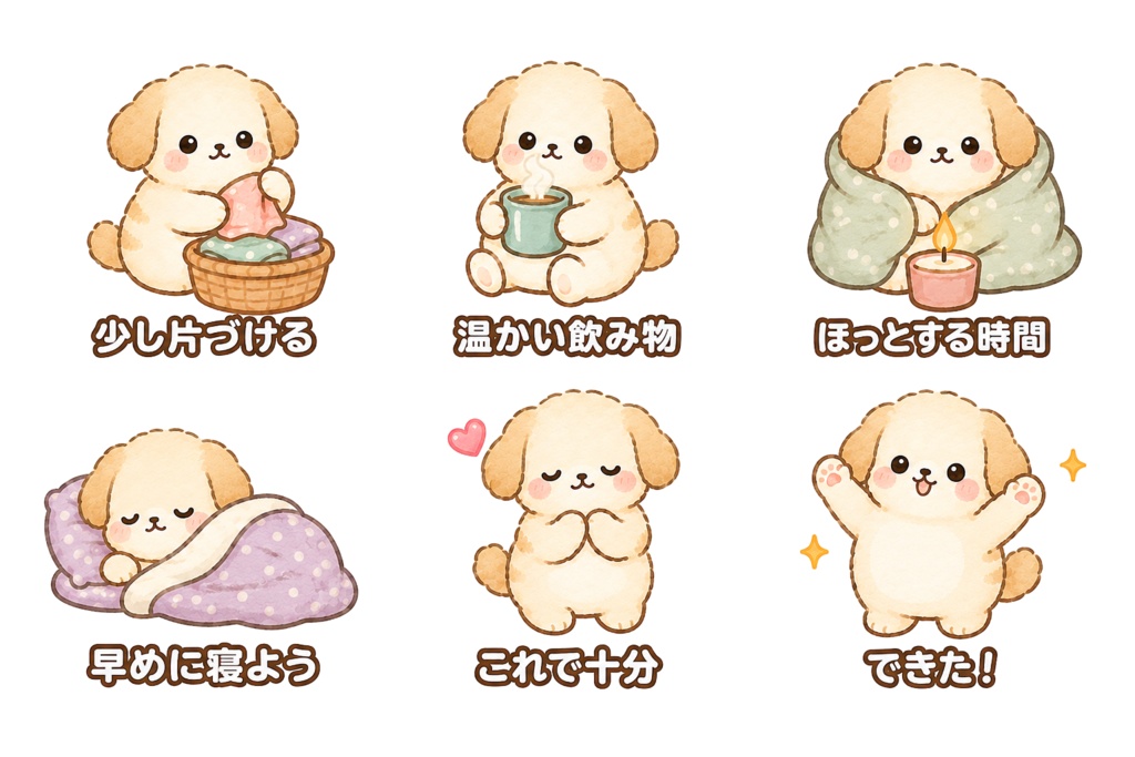犬のセルフケアイラスト素材60枚｜日本語入り・文字なし｜背景透過PNG