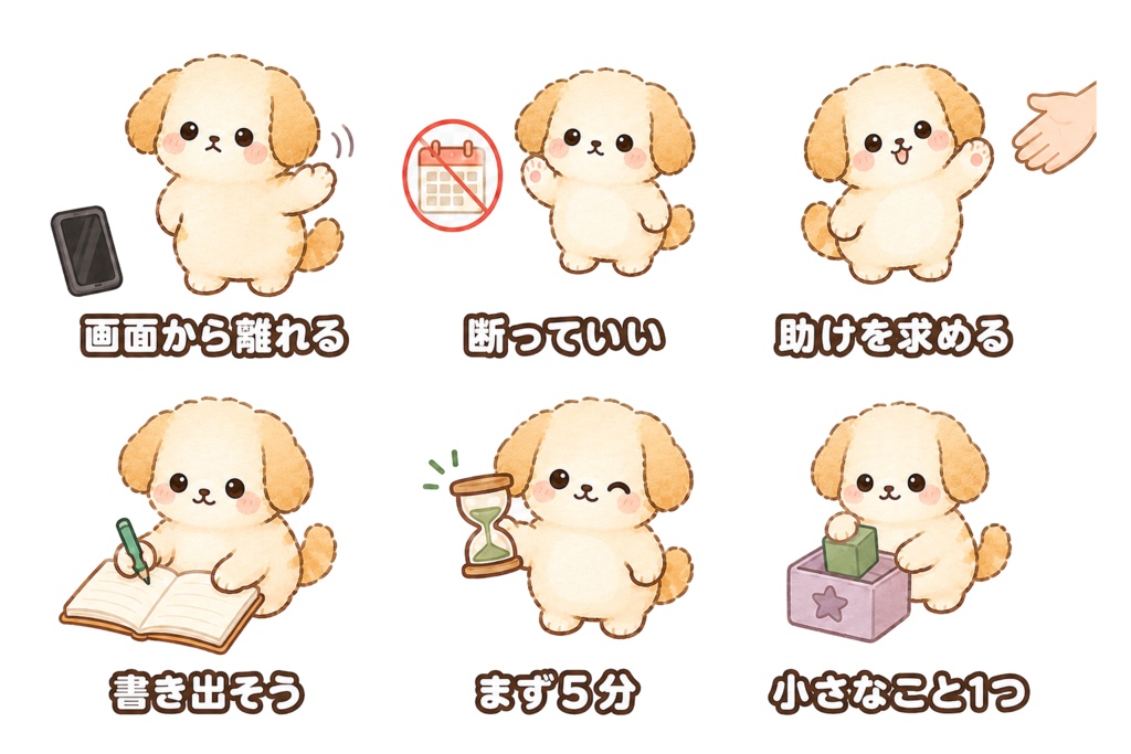 犬のセルフケアイラスト素材60枚|日本語入り・文字なし|背景透過PNG