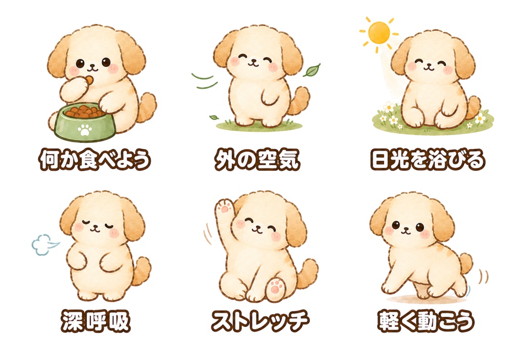 犬のセルフケアイラスト素材60枚|日本語入り・文字なし|背景透過PNG
