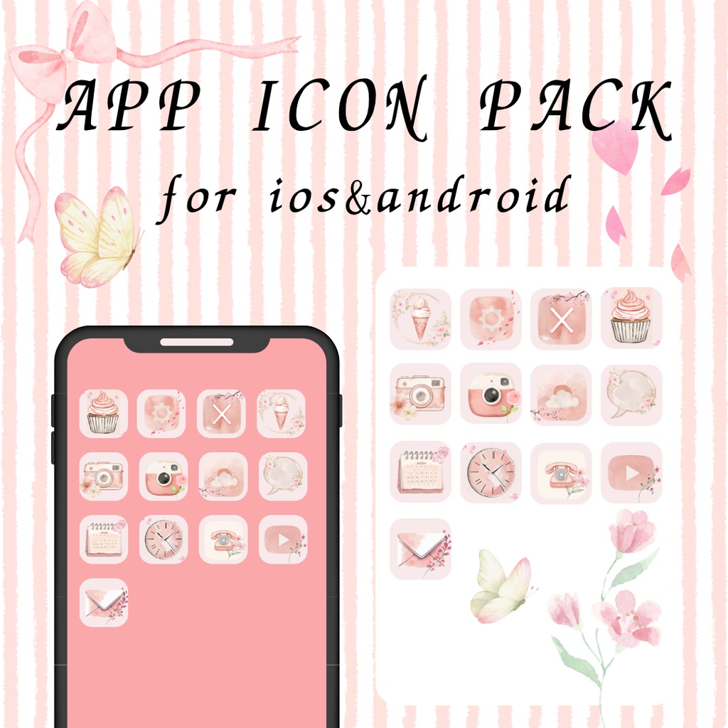 くすみピンクの北欧水彩アイコンパック シンプルスマホ用透過アイコンセット