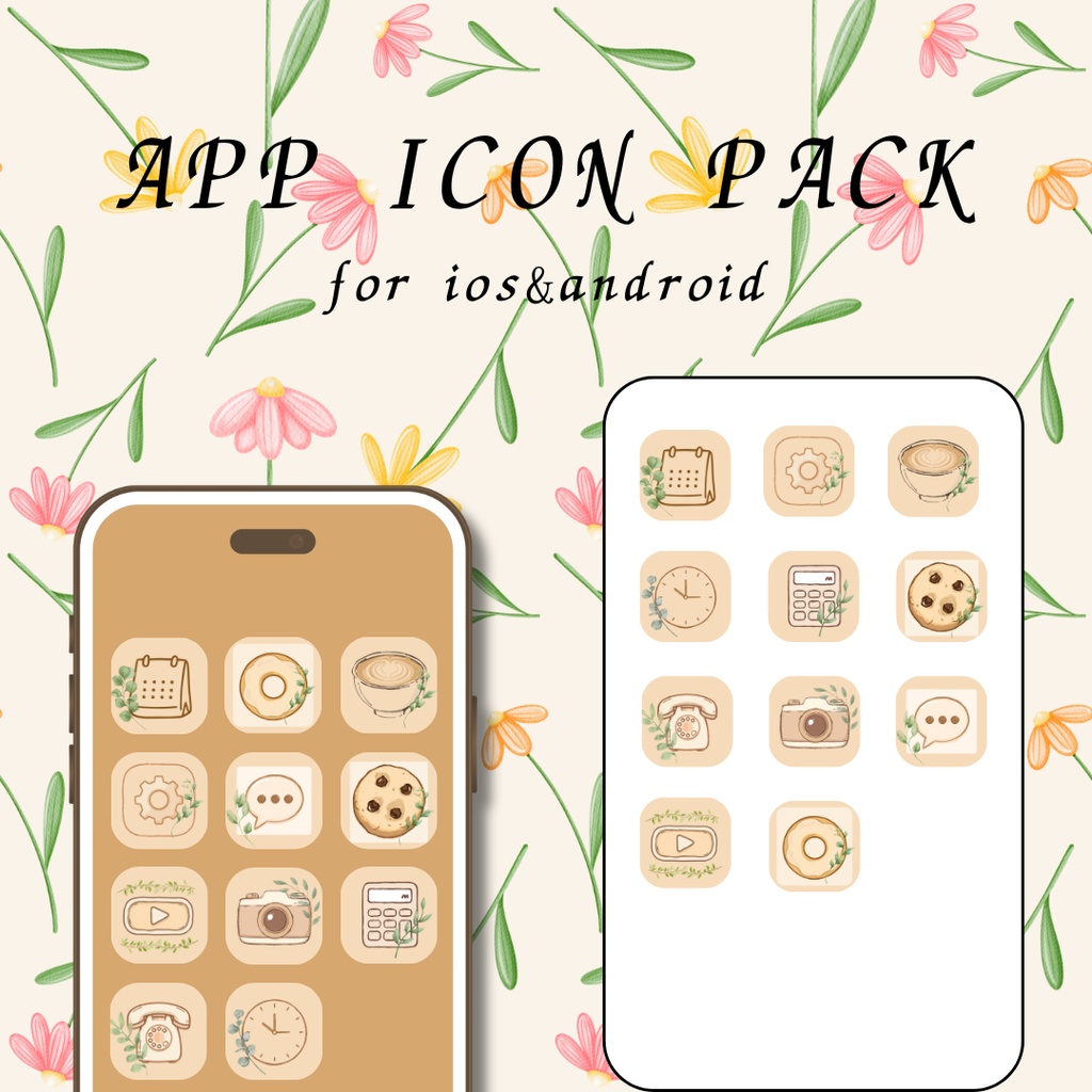 くすみベージュの手描き風スマホアイコンパック｜韓国テイスト・シンプルアイコンセット