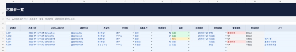 【Googleスプレッドシート】VRChatイベント応募・抽選・部屋割り管理シート|募集・当選連絡