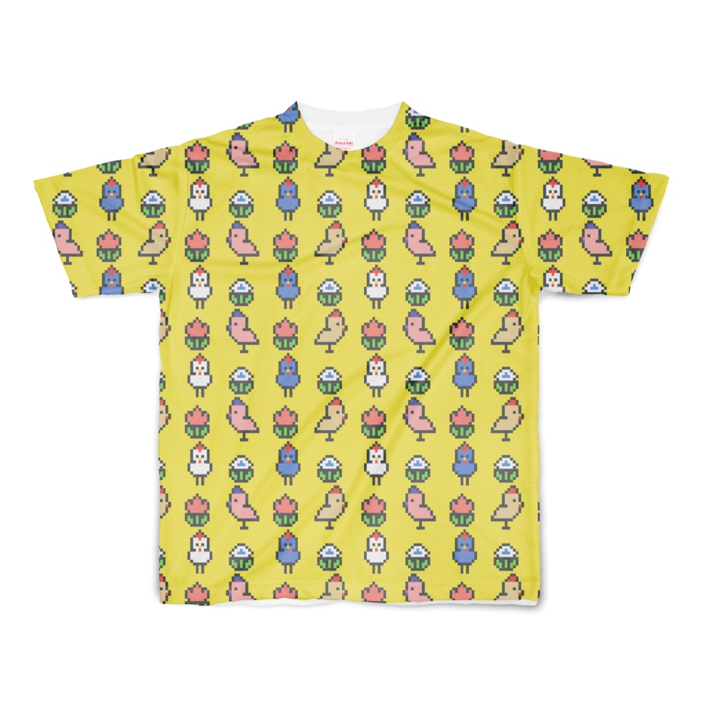 ドットニワトリと花のフルグラフィックTシャツ