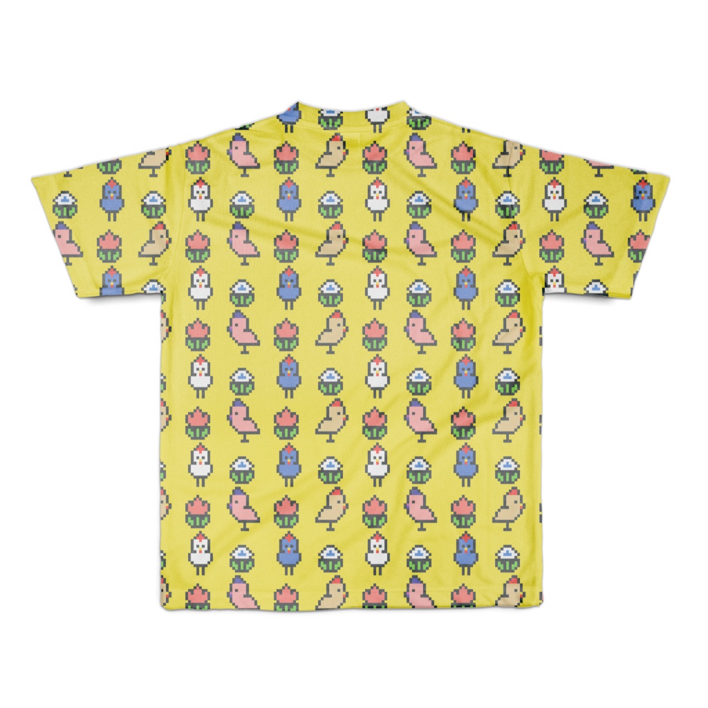 ドットニワトリと花のフルグラフィックTシャツ