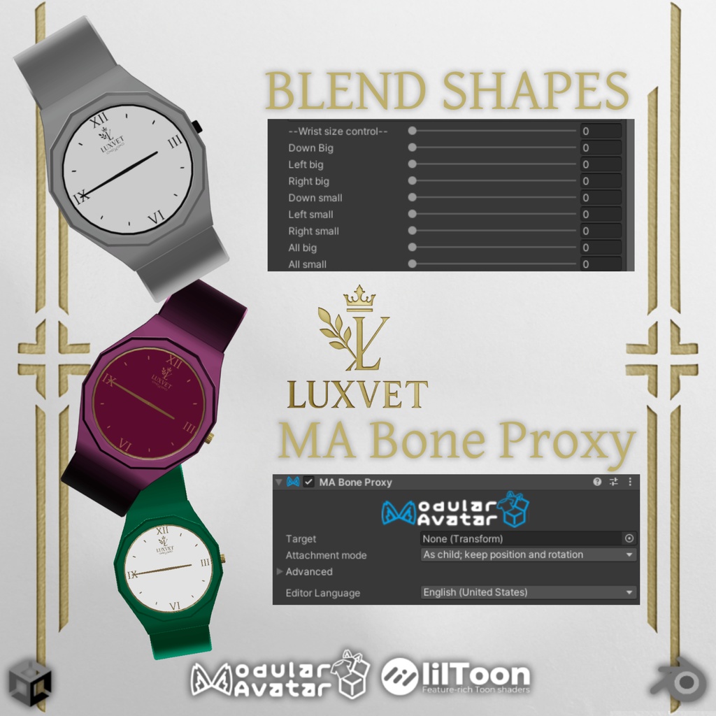 LUXVET SLIM WATCH COLLECTION【Slim Watch, MA, Liltoon, Fully customizable】【スリムウォッチ Modular Avatar対応 Liltoon対応 フルカスタマイズ可能】