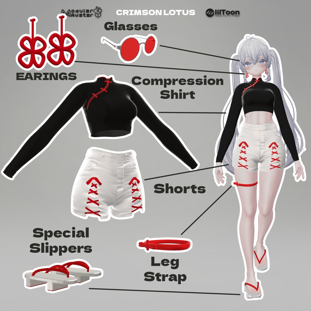 Crimson Lotus 💮【11アバター対応 / モダンチャイナ / RGBカスタム対応 / lilToon対応 / MA対応 / 形状調整シェイプキー付】💮