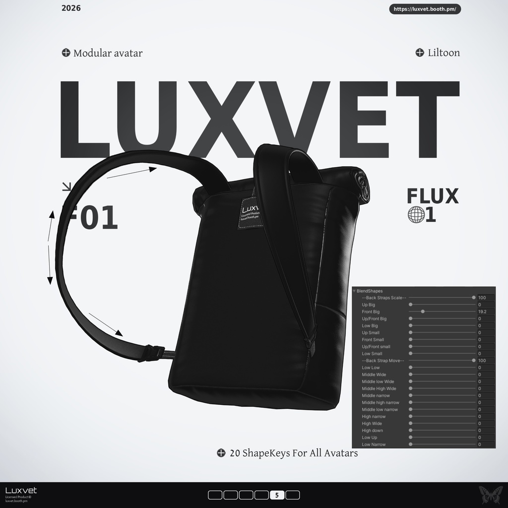 Luxvet Flux 01 ロールトップバックパック | Modular Avatar対応 | liltoon対応 | フルRGB | 20シェイプキー