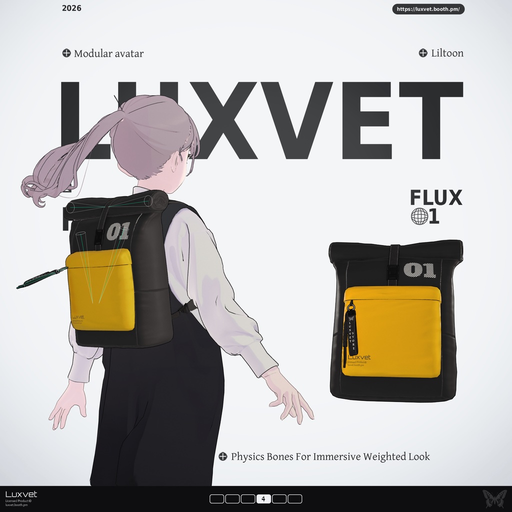 Luxvet Flux 01 ロールトップバックパック | Modular Avatar対応 | liltoon対応 | フルRGB | 20シェイプキー