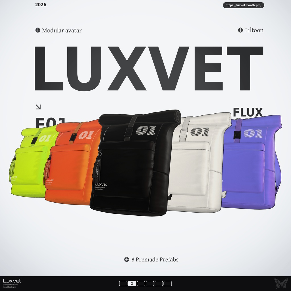 Luxvet Flux 01 ロールトップバックパック | Modular Avatar対応 | liltoon対応 | フルRGB | 20シェイプキー
