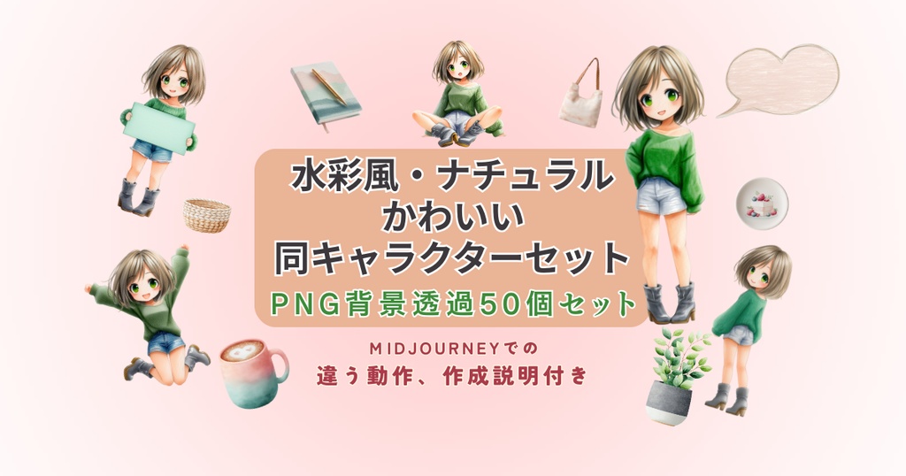 水彩風・ナチュラルかわいい同キャラクターセット