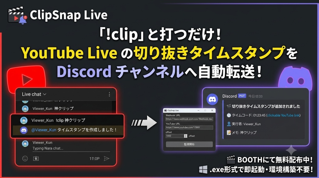 【YouTube Live対応】チャットコマンドでDiscordへ自動転送!切り抜きタイムスタンプ作成ツール『ClipSnap Live』