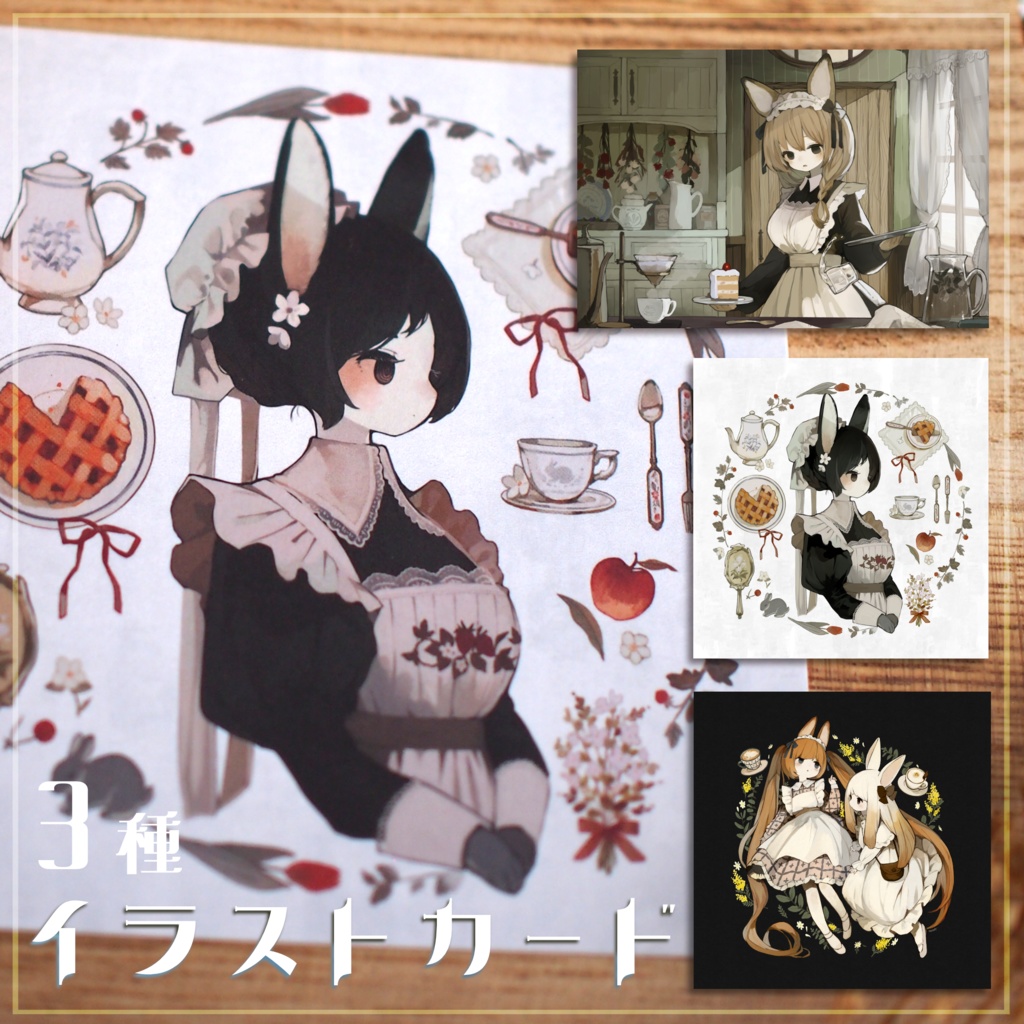 イラストカード〖メイドうさぎたち〗3種