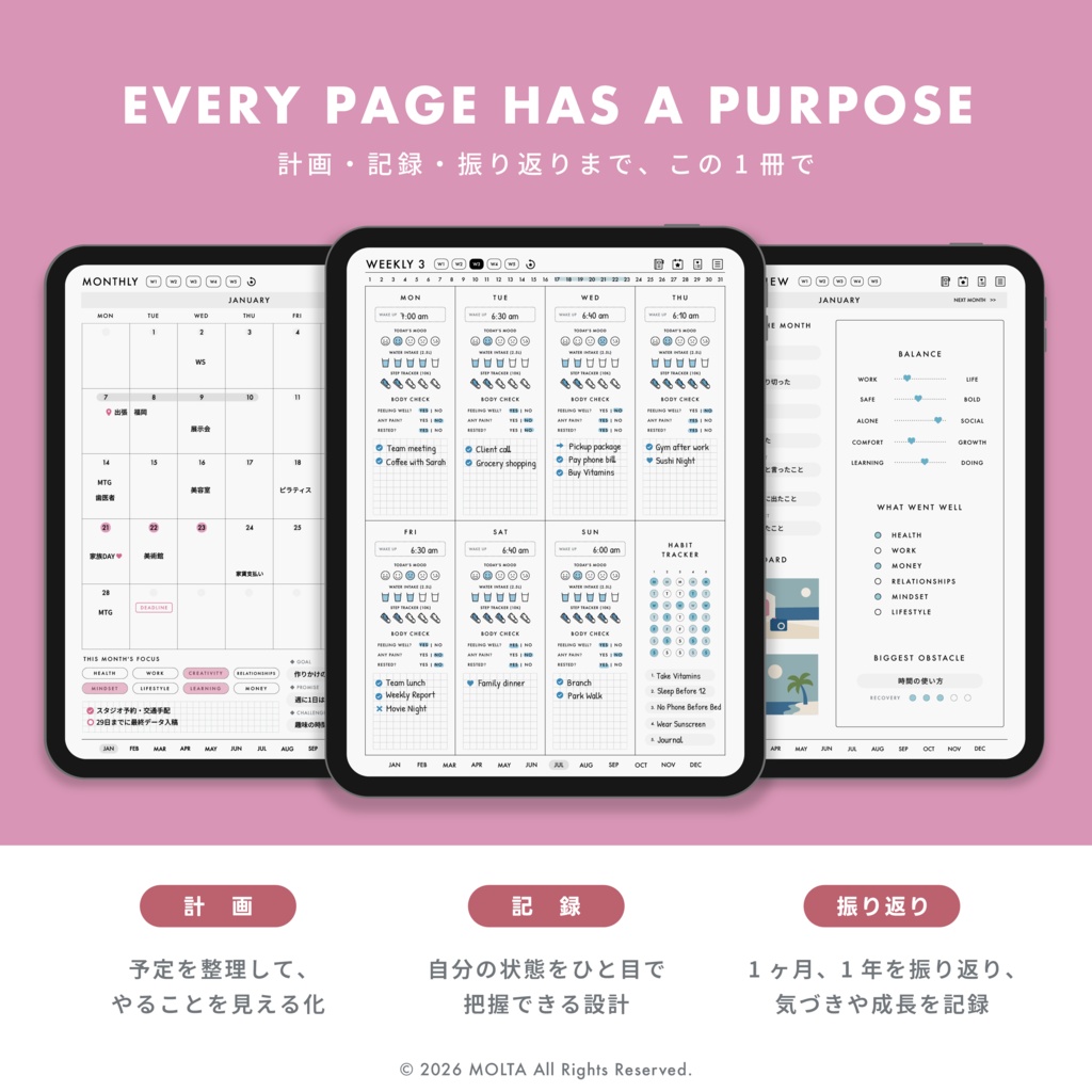 【デジタル手帳・デジタルプランナー】WEEKLY EDITION 01|GoodNotes・iPad対応|日付なし|MOLTA PLANNER
