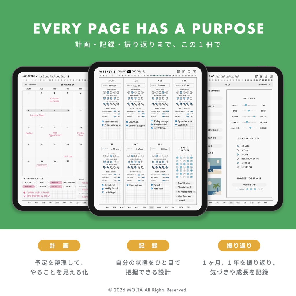 【デジタル手帳・デジタルプランナー】WEEKLY EDITION 02|GoodNotes・iPad対応|日付なし|MOLTA PLANNER