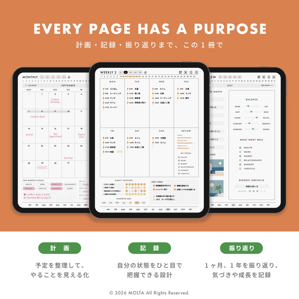 【デジタル手帳・デジタルプランナー】WEEKLY EDITION 03|GoodNotes・iPad対応|日付なし|MOLTA PLANNER