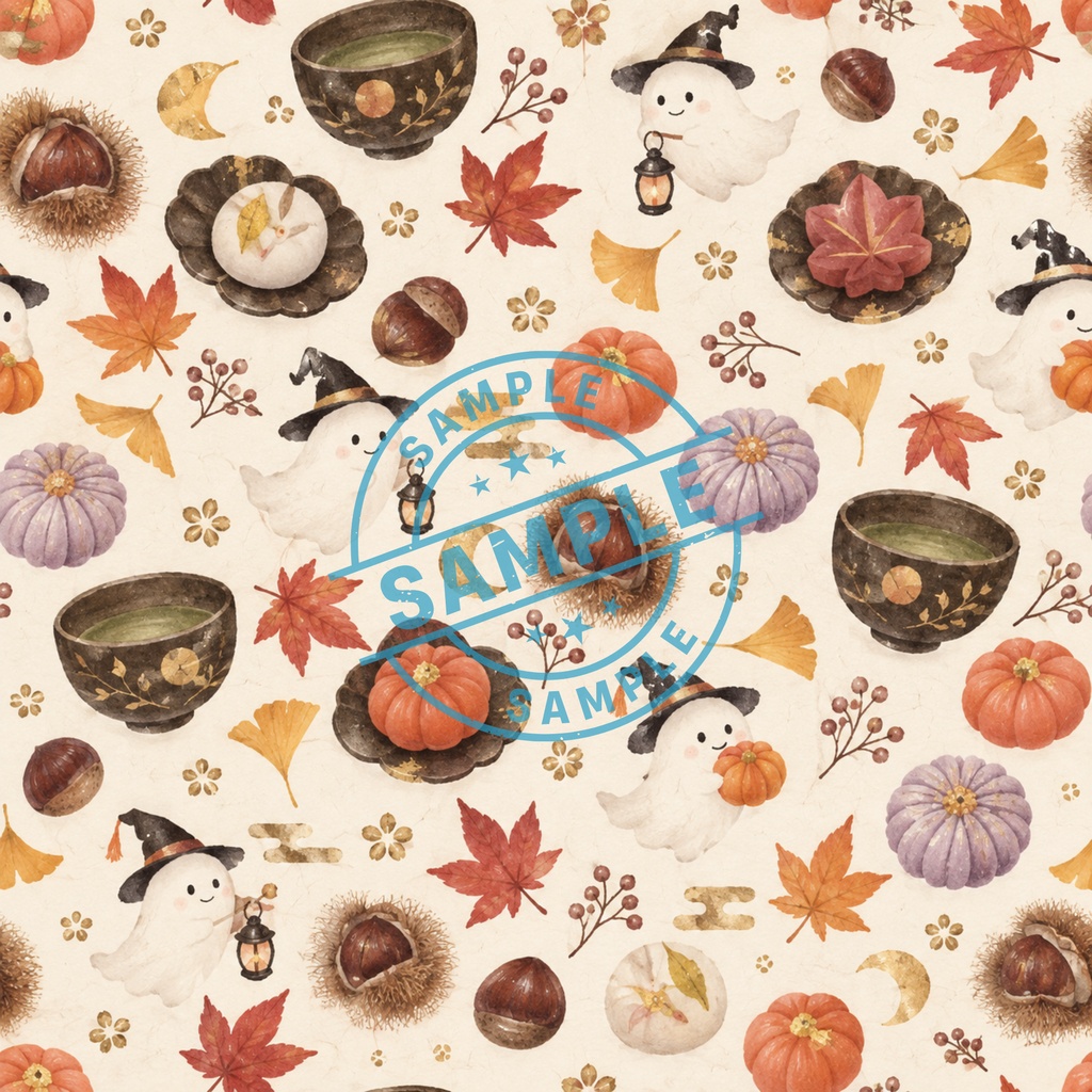 【商用利用OK】くすみカラーの和風ハロウィン|シームレスデザインペーパー6枚セット