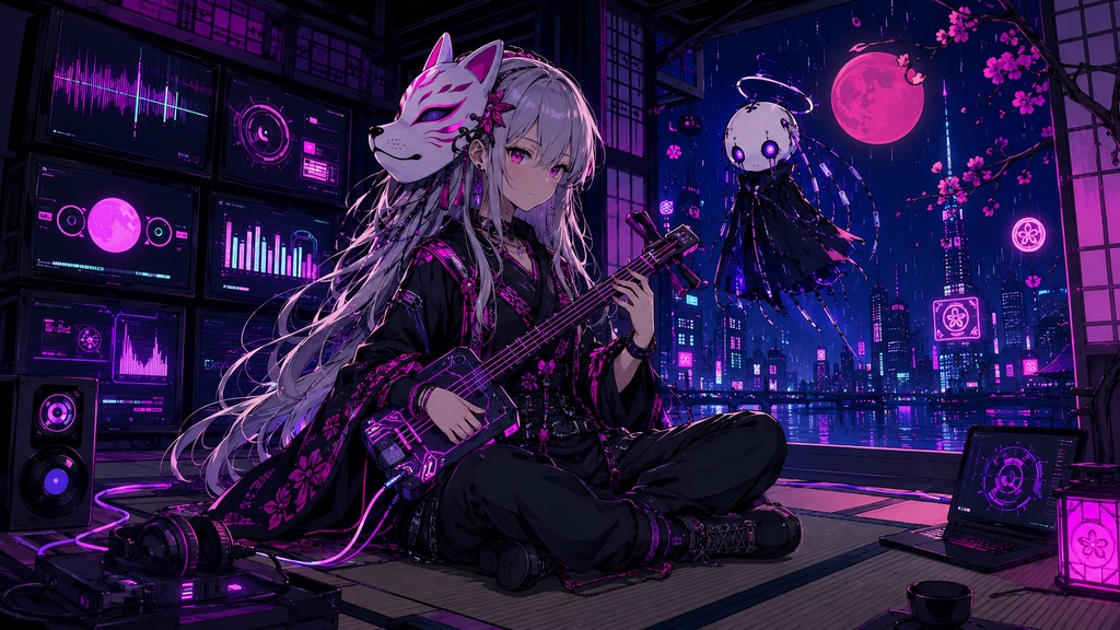 [ 4K Static & Animated Loop ] Cyber-Dark Pop Wallpaper Pack - Kitsune Tech Girl
