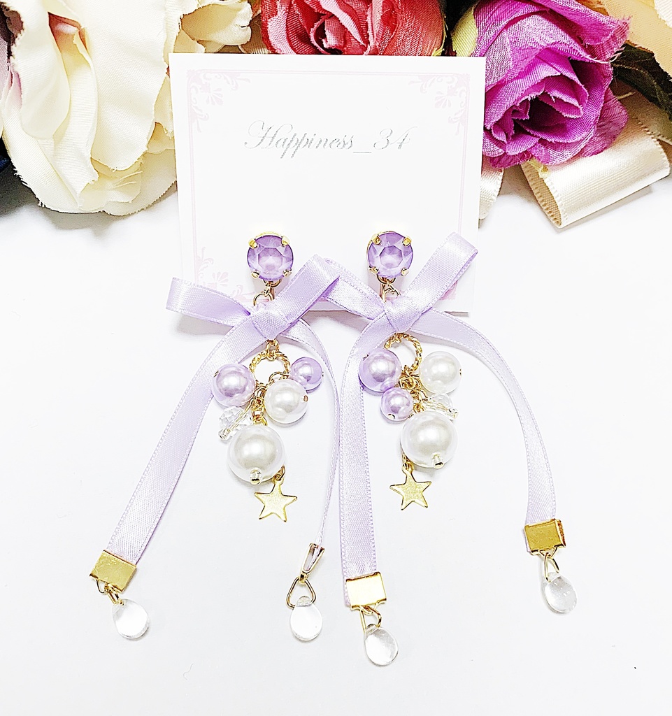 【期間限定】ロングリボン イヤリング✧̣̥̇ラベンダー✧̣̥̇
