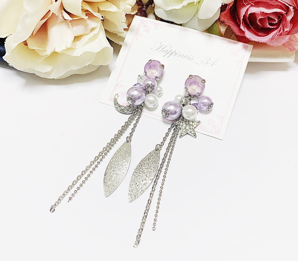 月と星のロングピアス【クリスタルラベンダー】