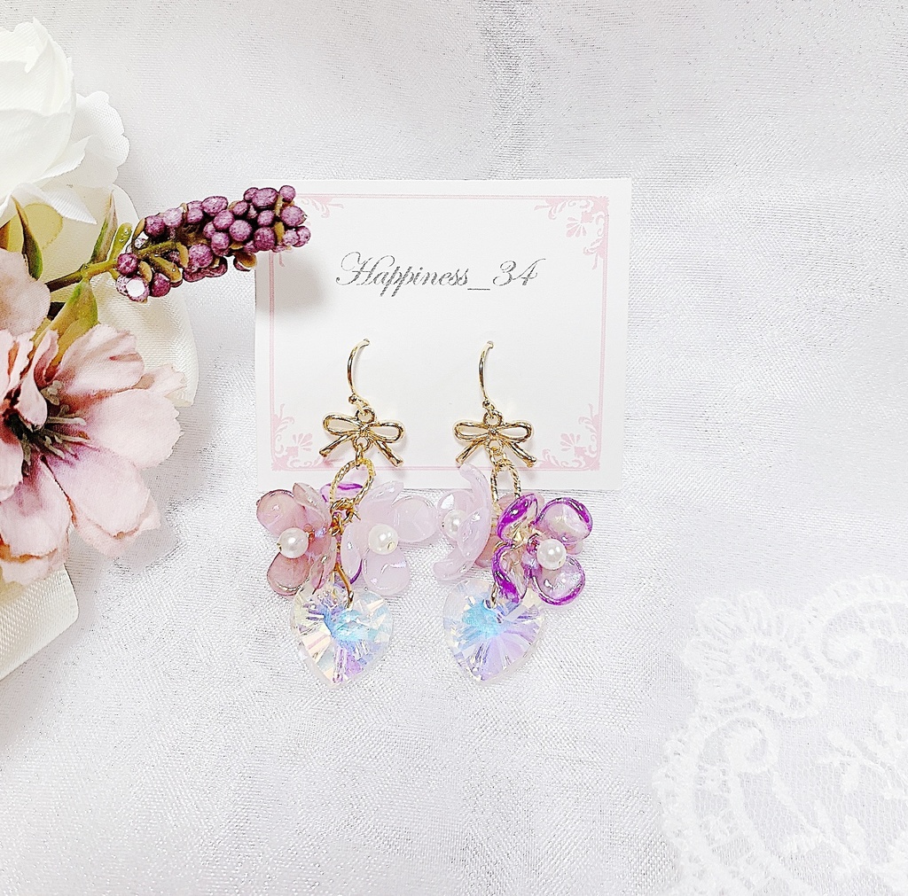 【SALE】ribbon bouquetパープルグラデーションピアス