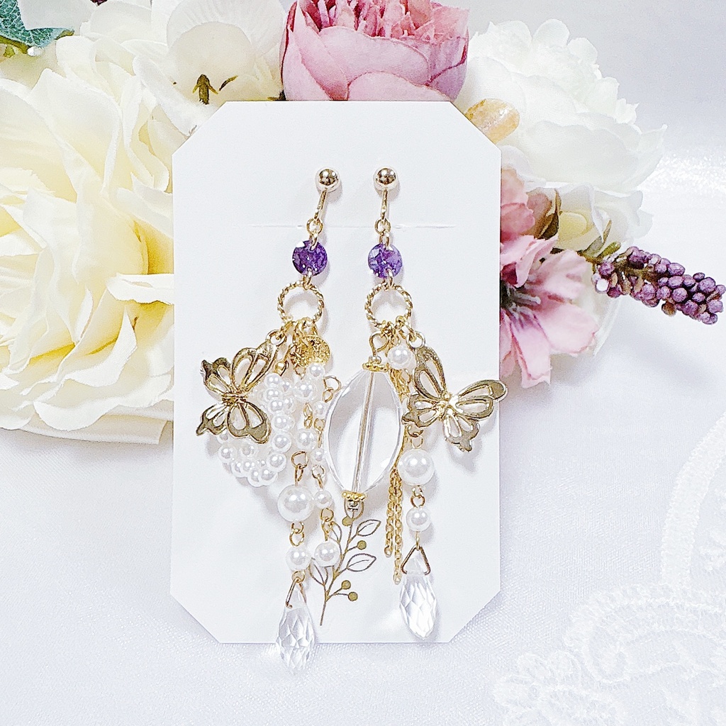Pearl ribbon＆Butterflyｰアメジスト ロングイヤリングｰ