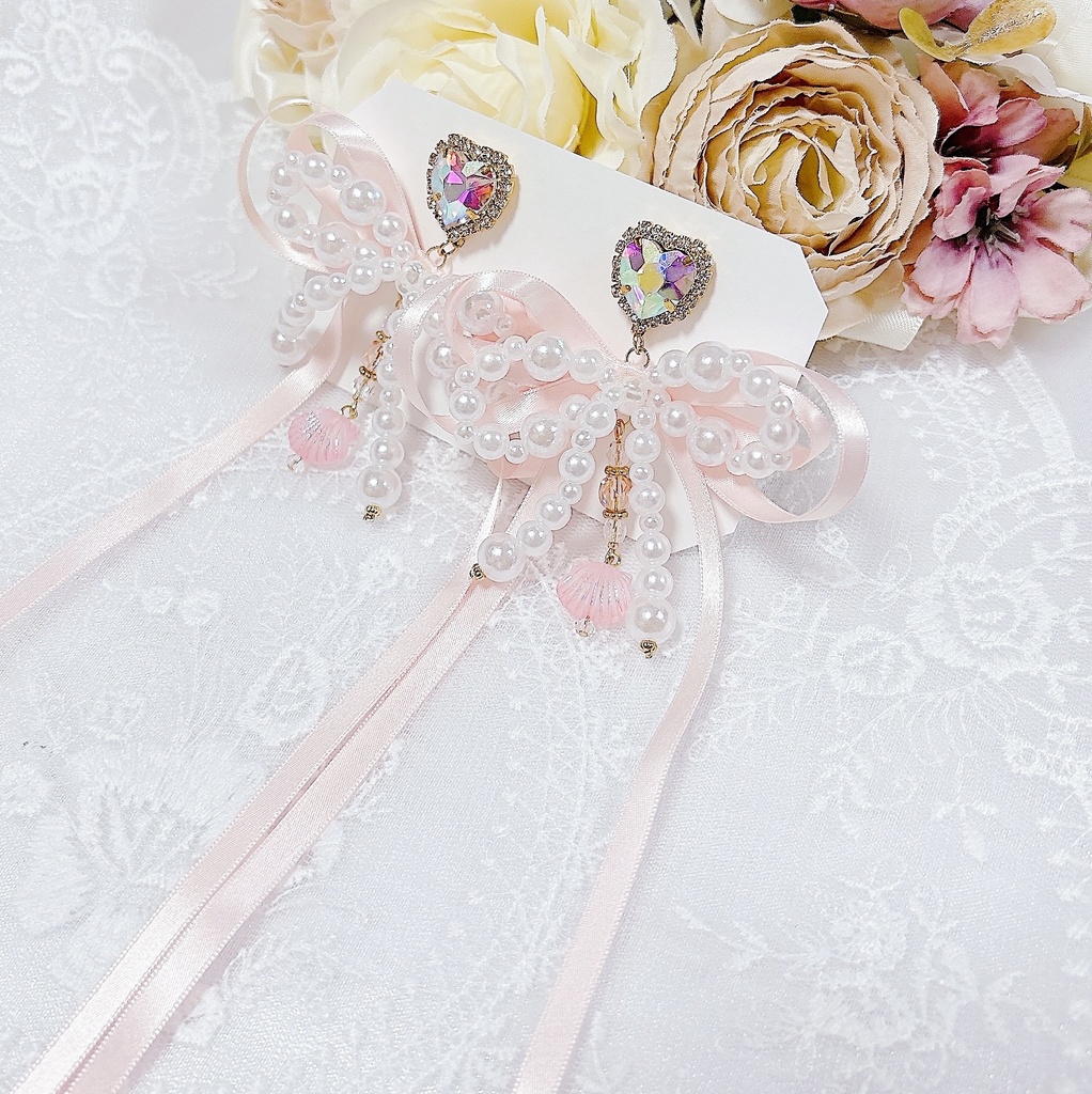 ‐ premier aveu d’amour‐リボンイヤリング【powder pink】