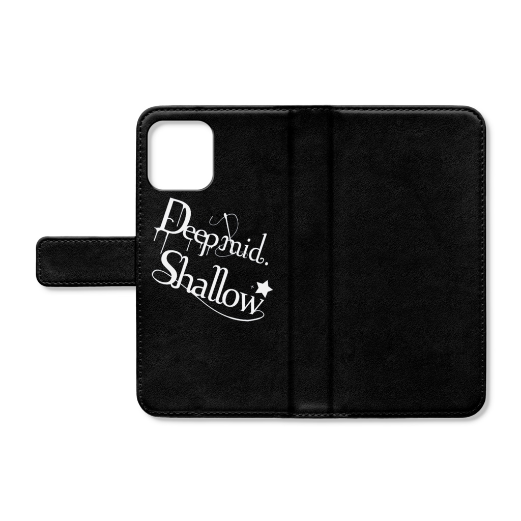 Deep mid. Shallow ロゴ入りiPhoneケース(手帳型・黒)