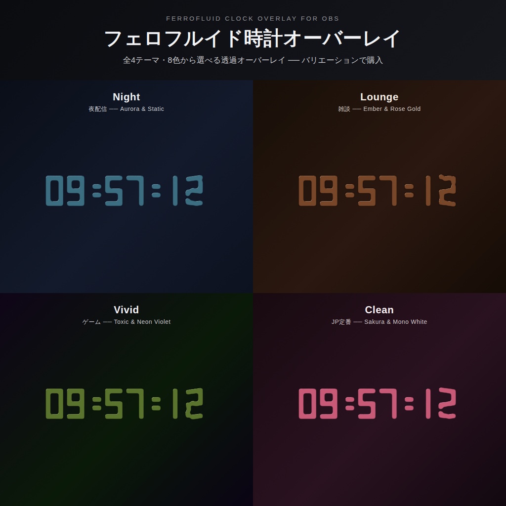 【OBS配信オーバーレイ】フェロフルイド時計 — 全4テーマ・8色から選べる透過オーバーレイ